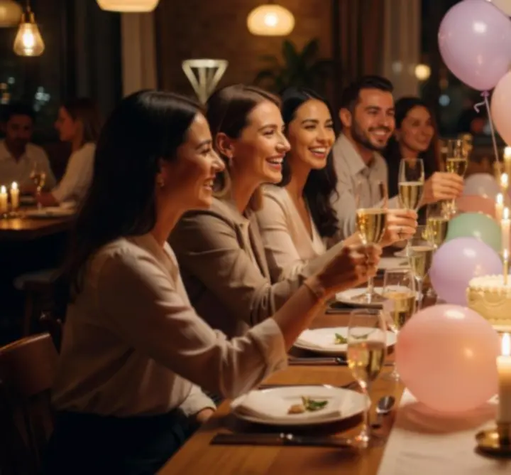 Masă de petrecere aniversară decorată elegant, cu baloane și lumânări.