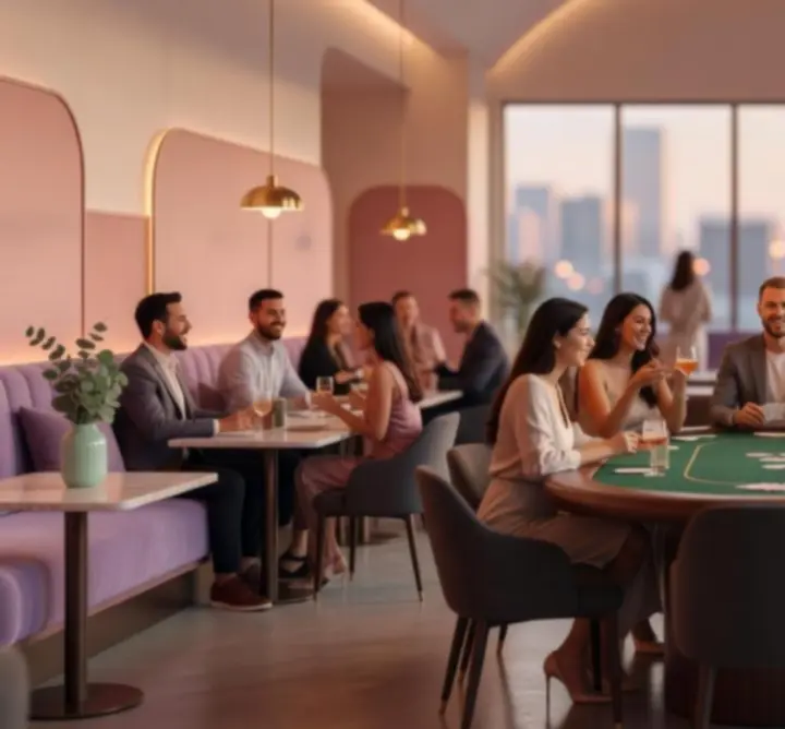 Tineri relaxându-se într-un restaurant modern, cu atmosferă vibrantă de seară