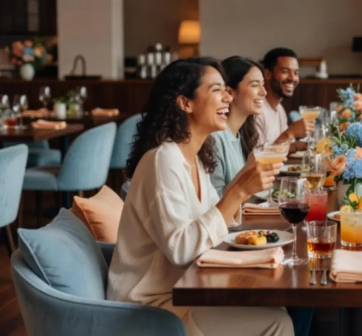 Grupuri de prieteni zâmbind, ciocnind pahare și socializând într-un restaurant modern