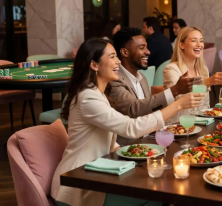 Grupuri de tineri care socializează la mese într-un spațiu de restaurant modern și luminos