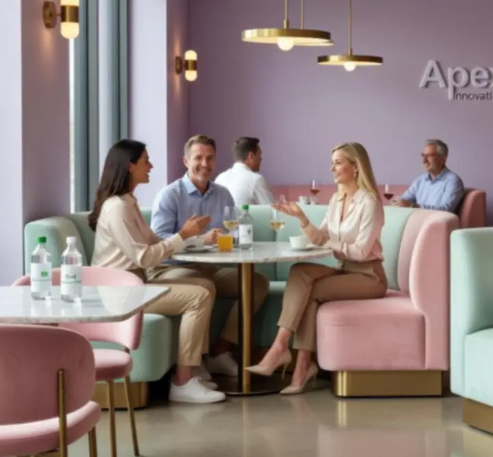 Eveniment corporate într-un restaurant modern, cu oameni care discută relaxat.