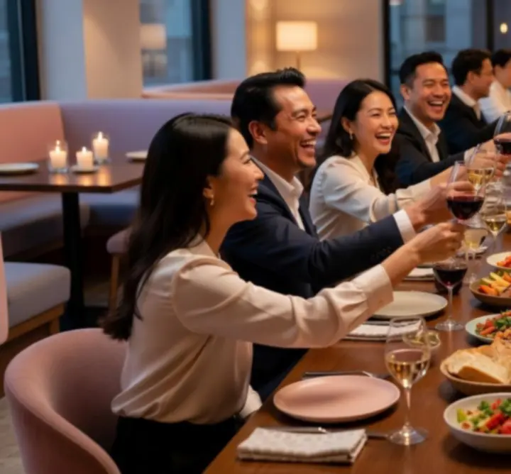 Grup de tineri care zâmbesc, socializează și ridică paharele într-un restaurant modern.