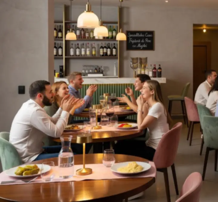 Atmosferă de seară într-un restaurant modern, cu tineri care socializează în jurul meselor.