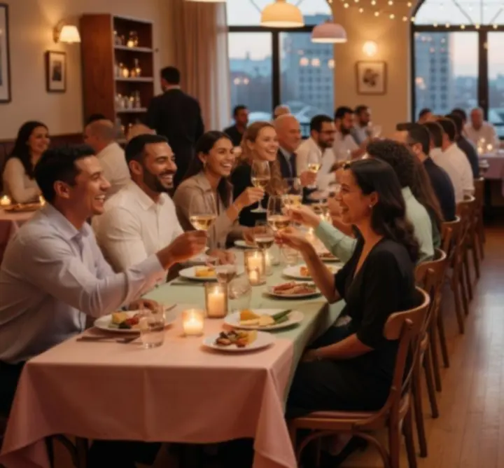 Colaj cu momente de socializare, interior de restaurant și seri tematice.