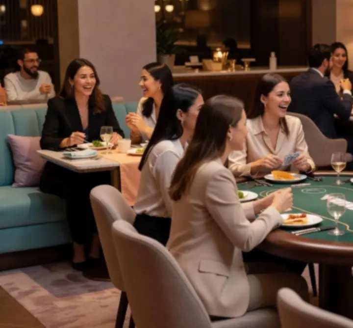 Interior modern de restaurant cu tineri care socializează la masă și la o masă elegantă de poker.