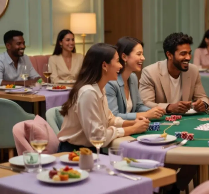 Mese de poker într-un restaurant modern, cu tineri care zâmbesc și socializează