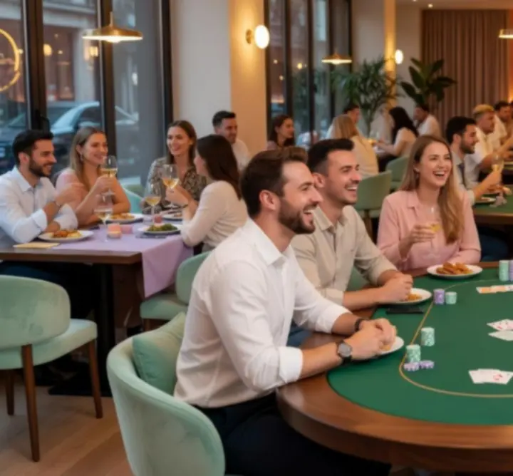 Tineri la o seară de poker social într-un restaurant modern, lumină caldă de seară.