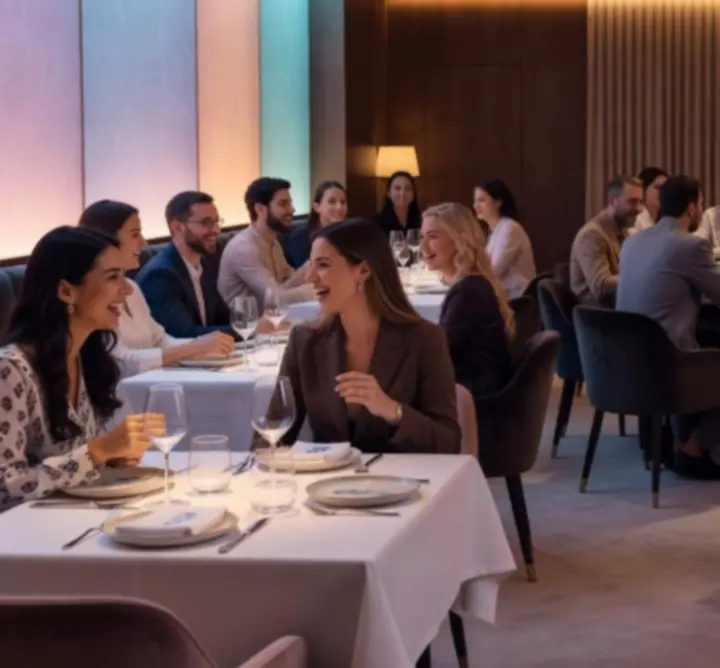 Interior modern al restaurantului Eveniment Live 24, cu tineri care se bucură de o seară socială.