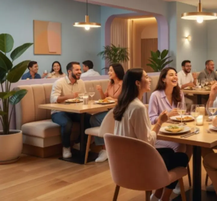 Interior modern de restaurant cu tineri care socializează la mese și la o masă elegantă de poker