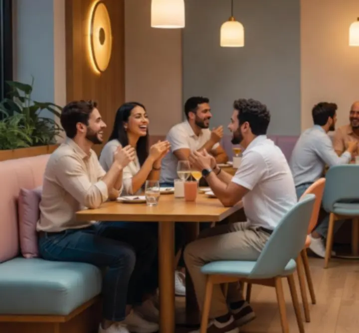 Interior luminat cald al restaurantului, cu tineri care socializează la mese și în jurul unui colț cu masă de poker.