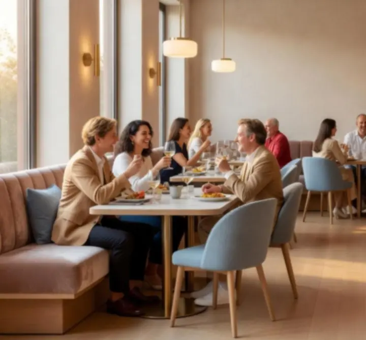 Interior de restaurant modern cu lumină caldă, mese elegante și tineri care socializează.
