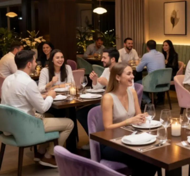 Interior modern Eveniment Live 24, tineri la masă și masă de poker integrată natural în decor