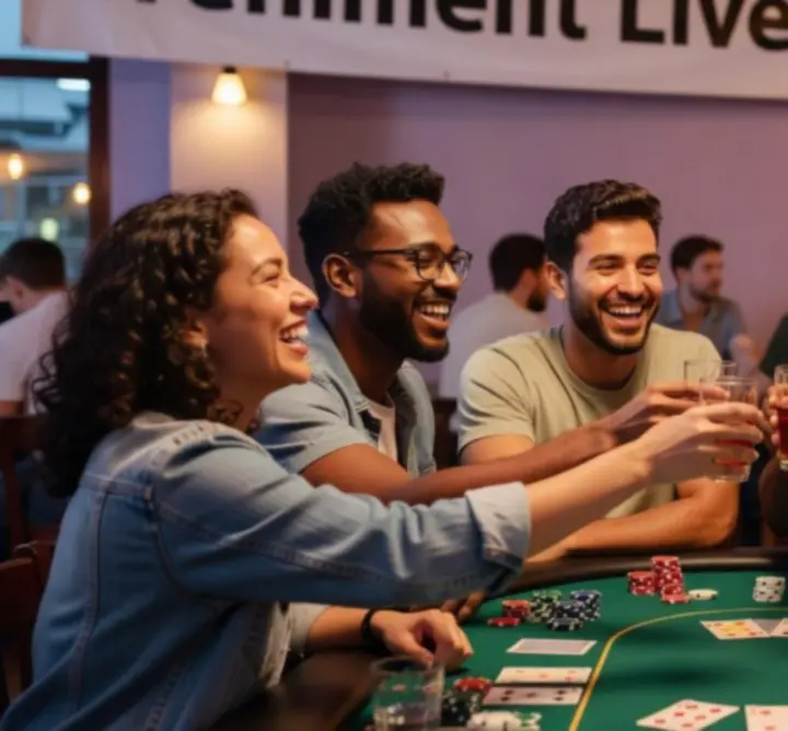 Grup de tineri zâmbind și socializând la o seară de poker într-un restaurant.