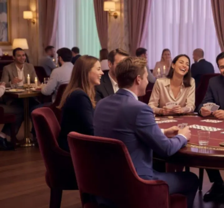 Masă de poker elegantă într-un restaurant, cu tineri care zâmbesc și socializează.