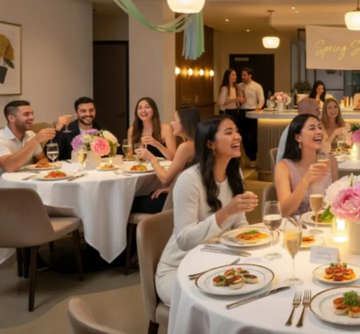 Tineri care sărbătoresc și socializează la un eveniment tematic într-un restaurant modern.